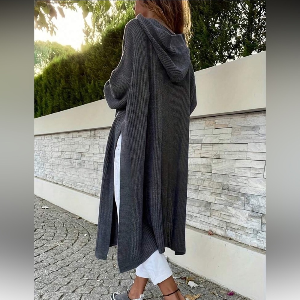5X Charcoal Gray Oversized textured. Knit split hem hooded tunic - Picture 2 of 4